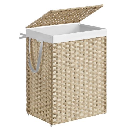 SONGMICS Laundry Hamper with Lid,23.8 Gallon (90L) Synthetic Rattan Laundry Basket with Lid and Handles,Foldable,Removable Liner,Summer Sand