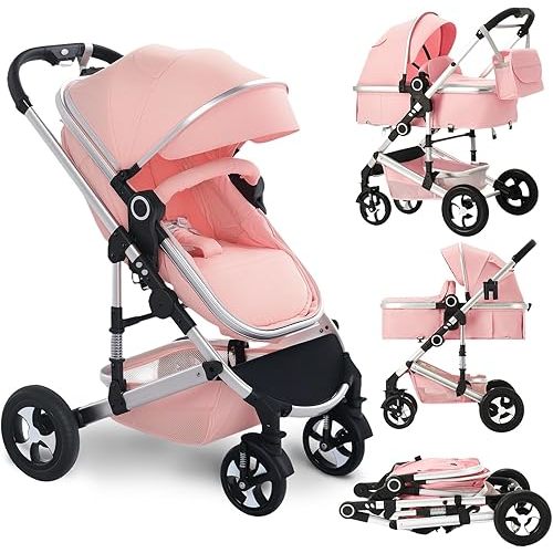 TODEFULL Convertible Baby Stroller, 3 in 1 Folding Infant Stroller, High Landscape Pushchair w/Adjustable Backrest & Canopy, Newborn Pram with Foot Cover, Storage Basket, Pink