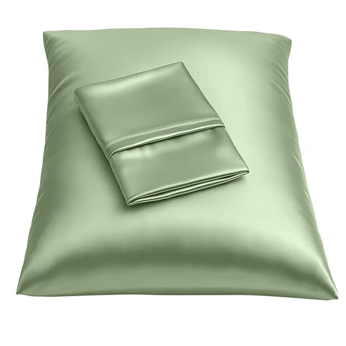 BLISSFORD Satin Pillowcase with Zipper, for Hair and Skin Care, Feels Soft and Cool Like a Silk Pillowcase, Satin Pillow Cases 2 Pack, Slik Pillow Cover, Sage Green -King Size -Set of 2