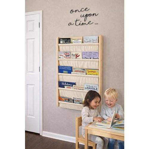 Montessori Wall Mounted Soft Canvas Fabric Bookshelf 5 Tier, Solid Pine Wood Kids Book Rack with DeepPockets, Nursery & Playroom Space Saving Behind Door Shelf