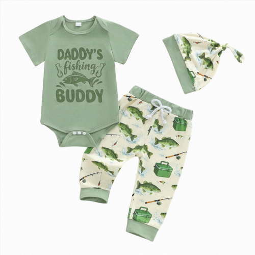 Baby Boy Summer Clothes Letter Printed Short Sleeve Romper Pants Hat 3-Piece Set Outfit