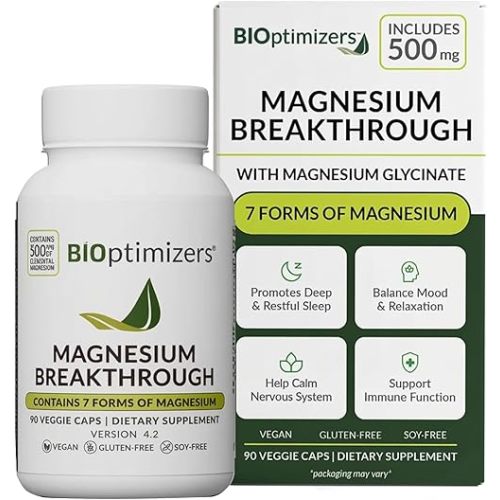 BIOptimizers Magnesium Breakthrough Supplement with 500mg - 7 Forms of Magnesium: Glycinate, Malate, Citrate, and More - Natural Support for Sleep and Cognitive Function -90 Capsules- Calming Vitamins