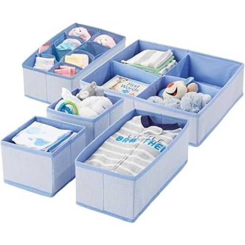 mDesign Soft Fabric Dresser Drawer/Closet Divided Storage Organizer Bins for Nursery - Holds Blankets, Bibs, Socks, Lotion, Clothes, Shoes, Toys - Set of 5 - Blue Herringbone