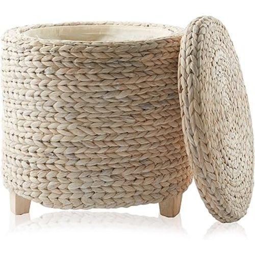 Casafield 17" Round Storage Ottoman with Lid - Whitewash, Handwoven Water Hyacinth Footstool for Living Room, Bedroom, Bathroom, Home Office