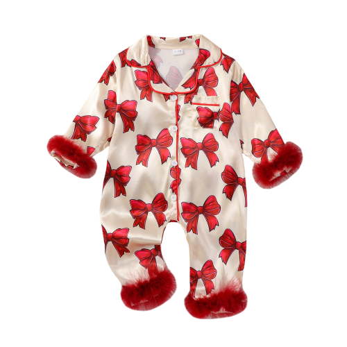 Suealasg Baby Girls Pajamas, Long Sleeve Bow Print Furry Patchwork Button Closure Jumpsuit Sleepwear Loungewear