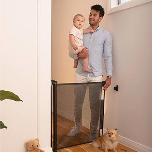 Retractable Baby Gate Perma Child Safety 33" Tall x 55” Wide, Mesh, for Stairs, Doorways, Dogs, Pets, Indoor, Outdoor, One-Handed Operation, Locking, Easy Install, Hardware Mount, Black