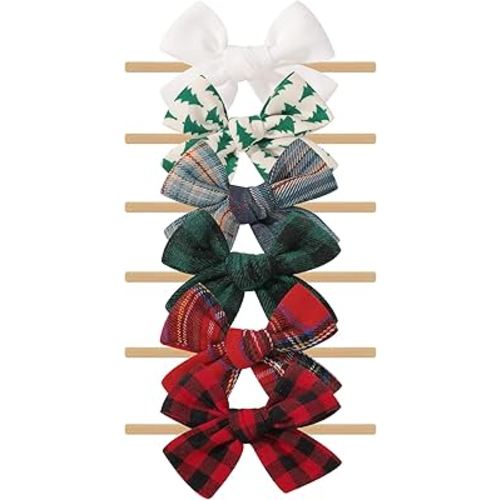 doboi 6PCS Christmas Baby Girls Headbands Hair Bows Nylon Cotton Linen Hairbands Fine Handmade Hair Accessories for Newborn Infant Toddlers Little Girls- Red Green Plaid