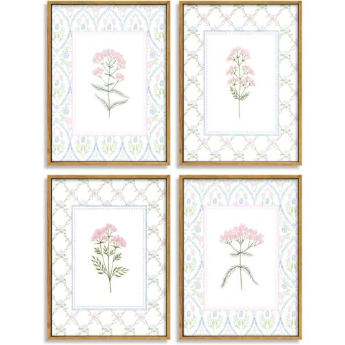 Pink Blue Floral Nursery Wall Art Watercolor Wildflower Pictures Wall Decor Sage Green Botanical Posters Vintage Grandmillenial Flower Painting Print Artwork for Baby Girls Room Bedroom, Framed