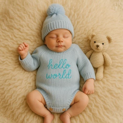 Knitted Newborn Romper Set: 'Hello World' Outfit with Pom Pom Hat Baby Clothes Keepsake