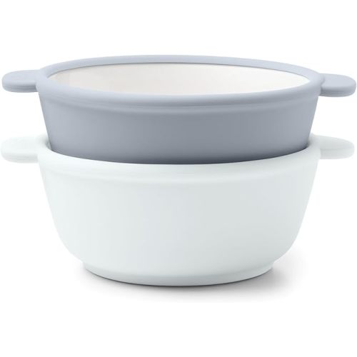 Ello Clean Start Ceramic Toddler Bowls with Sleeves, 2 Pack, Quiet Tide/Tech Blue