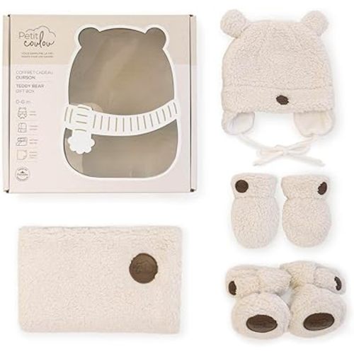 PETIT COULOU Teddy Bear Coffret cadeau pour nouveau-né de 0 à 6 mois – Ensemble d'hiver confortable avec moufles, bottines, bonnet et couverture – Cadeau parfait pour nouveau-né pour chaleur et confort (Sherpa)