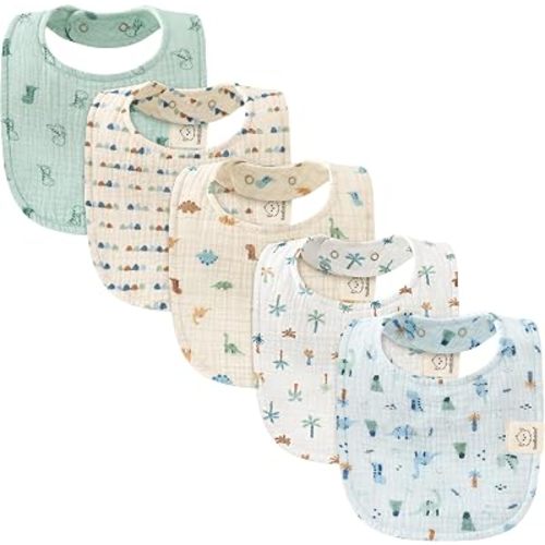 KeaBabies 5-Pack Muslin Baby Bibs for Drooling and Teething (Dino Park)