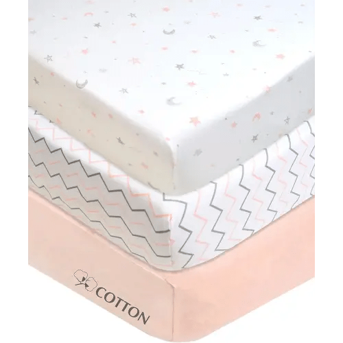 American Baby Company 3 Pack 100% Natural Cotton Fitted Mini Crib Sheets 38" x 24" - Soft & Breathable Small Nesting Portable Sheets, Fits Pack N Play Mattresses, Pink Star/Zigzag, for Boys & Girls