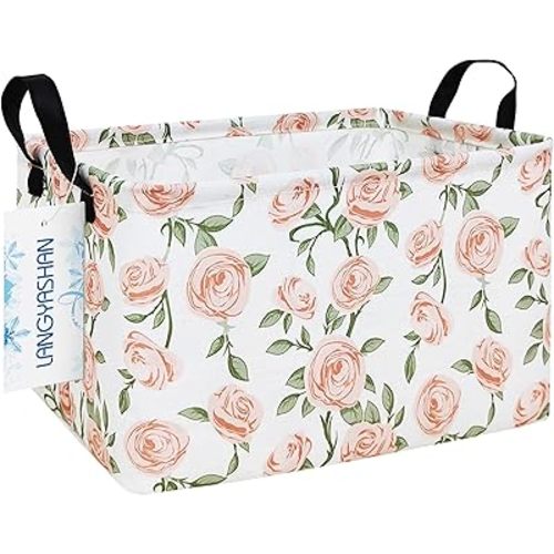 LANGYASHAN Rectangular Storage Bin Collapse Canvas Fabric Cartoon Storage Basket with Handles for Organizing Home Kitchen Boys and Girls Toys Office Closet Shelf Baskets (Rec Champagne Rose)