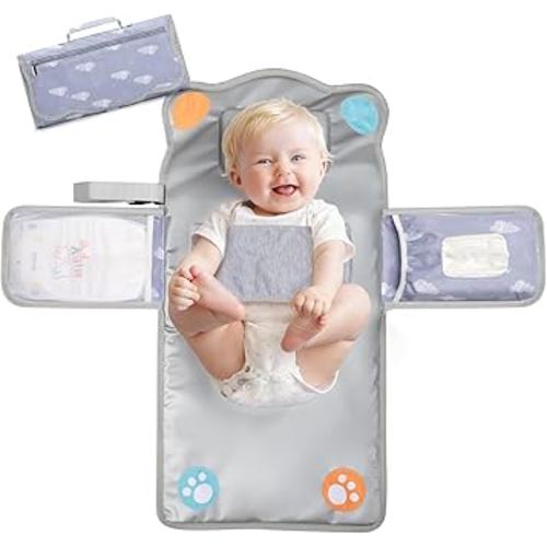 Anti Roll Diaper Changing Pad Mat with Swaddle Strap 3-in-1 Portable Waterproof Foldable Travel Station Built-in Pillow, Wipes Holder, Storage Pockets, Shower Gift for Newborns Girls,Boys
