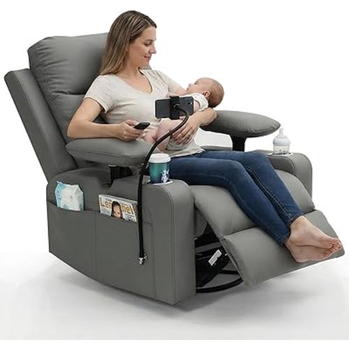 HRVEOCEI Power Glider Chair for Nursery Rocker, Electric Swivel Recliner Rocking Chair with Height-Adjustable Armrests, Rocker Glider Recliner with Cup & Blanket Holders, USB, Remote Control