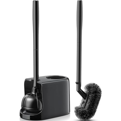 HAMITOR Toilet Plunger Bowl Brush Combo:Heavy Duty Rubber for Drain Clog Remover - Curved Design Bristles for Deep Cleaning Under Rim - Compact Bathroom Cleaning Tools for New Homet Essentials - Black