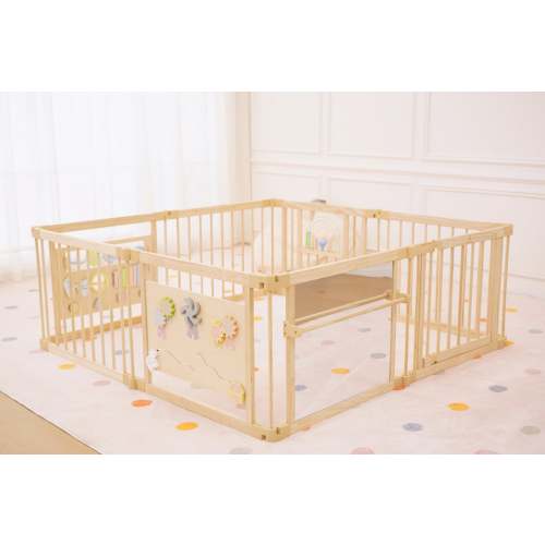 Wooden Baby Playpen with Mirror & Whiteboard Panel – Foldable 63" x 63" Montessori Sensory Play Yard