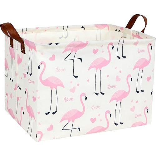 Flamingo Pink Basket Nursery Girl Baby Storage Basket Rectangular Cute Pattern Kids Toy Storage Bin Organizer Book Shelf Basket Baby Girls Flamingo Room Decor(Love Flamingo)