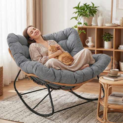 Lark Manor™ Indoor & Outdoor Papasan Rocking Chair, Oversized Padded Lounge Rocker With Cushion, Comfy Egg Lounge Chair, Large Indoor Rocking Recliner For Living Room/Porch/Garden & Reviews | Wayfair