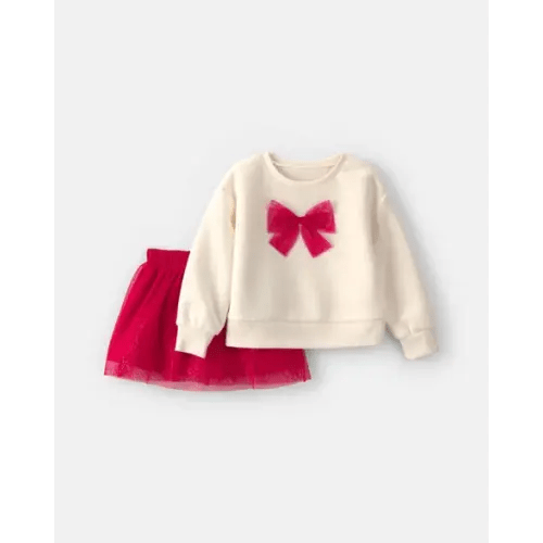 Toddler Girl Tulle Bow Fleece Long-Sleeve Top & Skort Set - Cream/Red | Carter's