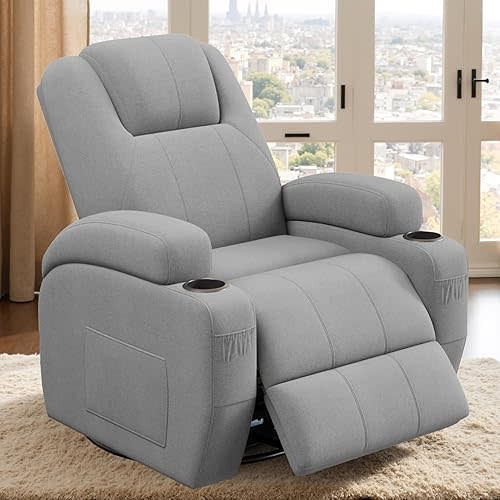 Flamaker Swivel Rocker Recliner Chair with Vibration Massage, 360° Swivel Recliner Chairs for Adults Ergonomic Lounge Chair with Cup Holders Lazy Boy Recliner Single Sofa Seat (Fabric, Gray)