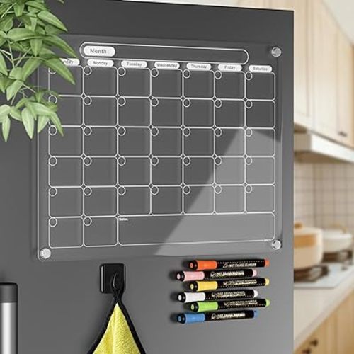 Acrylic Magnetic Dry Erase Calendar for Fridge Clear Monthly Whiteboard Planner Erasable Planning Board White 16" x 12" w/ 6 Color Wet Erase Marker
