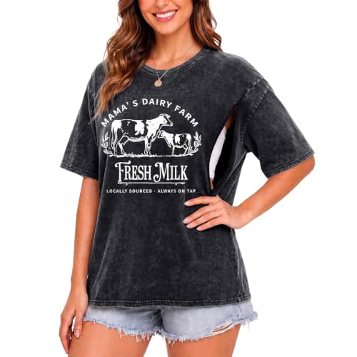 Wrenpies Zipper Nursing Friendly Tops for Women Breastfeeding Maternity Shirts Cotton Oversized Graphic Acid Wash Funny Tees