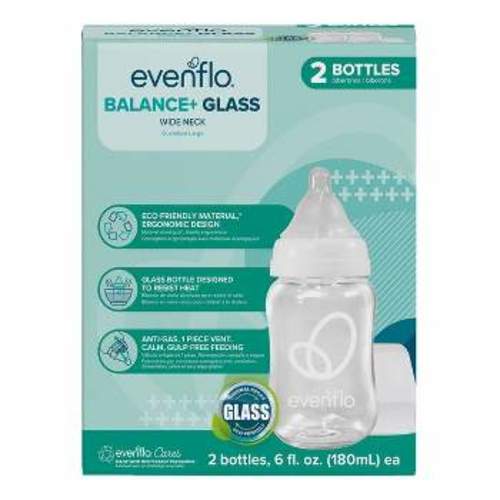 "Evenflo Balance Wide Neck Anti-Colic Glass Baby Bottles- Clear - 6 fl oz/2pk: BPA-Free, Phthalate-Free, Silicone Nipple"