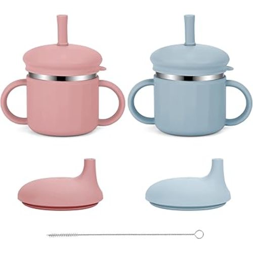 Upgrade Stainless Steel Baby Sippy Cups, 7.4 Oz Spill Proof Toddler Straw Cups, 3 Stages Training Cup for Toddlers 1-3 Year, Kid Cups with Silicone Sheel and Straws (Coral + Blue)
