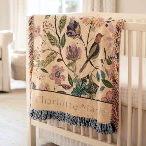Personalized Woven Baby Blanket with Name, Custom Floral Botanical Nursery Decor, Cottagecore Heirloom Newborn Gift, Nature Bird Swaddle