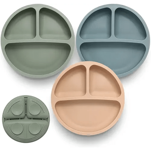 Eascrozn Toddler Plates 3 Pack, Divided Suction Plates for Baby, 100% Food Grade Silicone Baby Plates, Non-Slip, Baby Led Weaning Supplies, Microwave & Dishwasher Safe