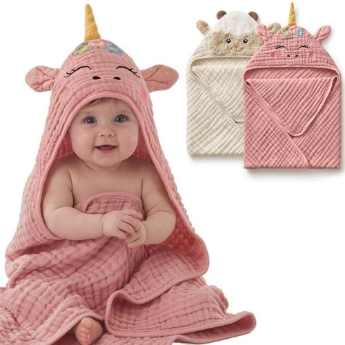 Blissful Diary Muslin Baby Hooded Towel 2 Pack, Soft & Absorbent Bath Towel for Infant, Toddler, Unisex, Baby Gift, Newborn Essentials, Smart Bear & Sunny Duck