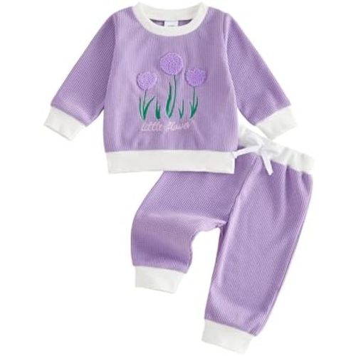 Toddler Baby Girl Winter Clothes Flower Embroidery Waffle Long Sleeve Sweatshirt Pants Set Fall Baby Girl Clothes