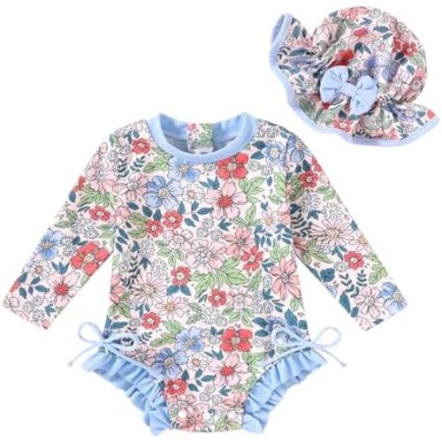 Infant Baby Swimsuit Girl Long Sleeve UPF 50+ Sun Protection One-Piece Rash Guard with Hat Zipper Bathing Suit