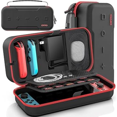 Switch OLED Carrying Case Compatible with Nintendo Switch & Switch OLED, Portable Switch Travel Carry Case Fit for Joy-Con and Adapter, Hard Shell Protective Switch Pouch Case with 20 Games, Red