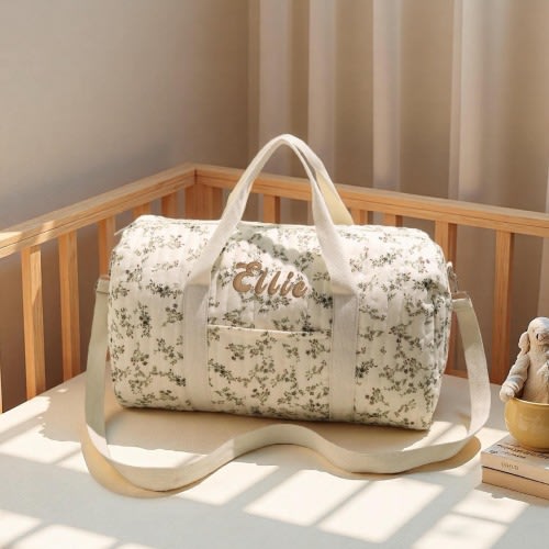 Custom Embroidered Quilted Tote Bag Olives Monogrammed Duffle Bag Floral Bridesmaid Gift Bridal Party Bag Overnight Bag with Zipper