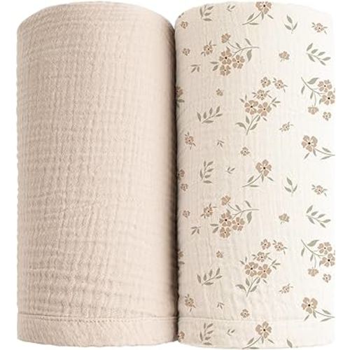 Konssy Muslin Swaddle Blankets for Boys Girls, 2 Pack Receiving Baby Blanket Large 47 x 47 inches, Soft Breathable Swaddling Wrap for Unisex Newborn (Blossom,Cream)