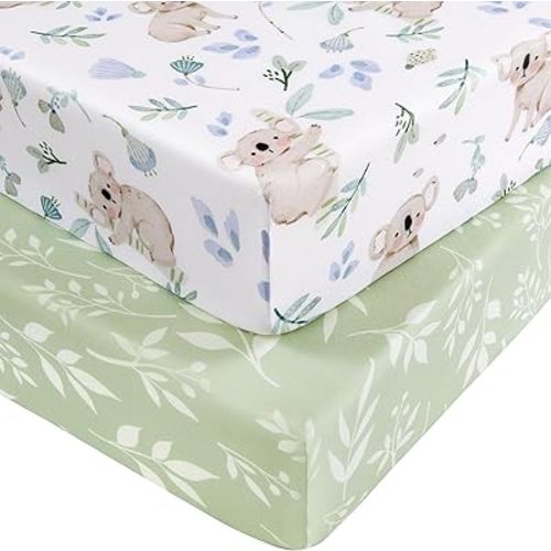 Pack and Play Sheets for Boys Girls, 38" x 26" Mini Crib Sheets Fitted for Pack n Play Mattress, Soft Breathable Playard Sheets, 2-Pack Green Koala