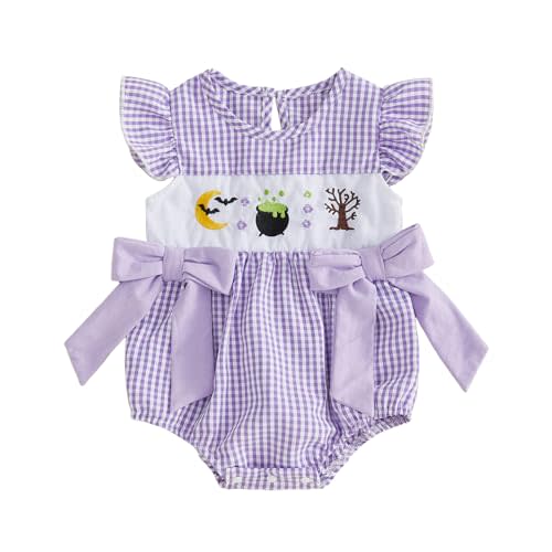 Baby Girl Halloween Outfit Romper Pumpkin Smocked Bubble Romper | Halloween Baby Girl Outfit Sleeveless Pumpkin Romper Fly Sleeve Plaid Bodysuit Smocked Baby Clothes