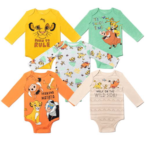 Disney Lion King Simba Timon Pumbaa 5 Pack Bodysuits Newborn to Infant