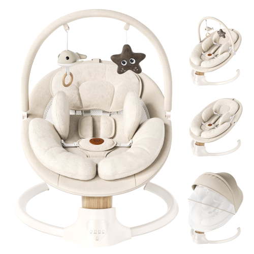 Babyomi Portable Baby Swings for Infants to Toddler, Electric Swing with Music Speaker, 3 Seat Positions , 5 Speeds, and Remote Control - Infant Swing for Indoor and Outdoor, Beige