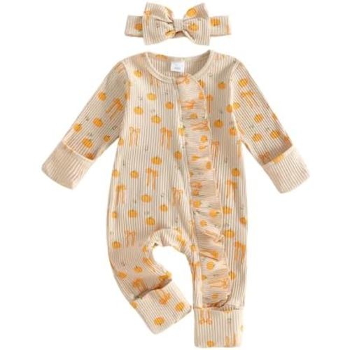 Newborn Halloween Baby Girl Outfit Pumpkin Print Zip-up Footie Romper Jumpsuit Infant Onesie Clothes