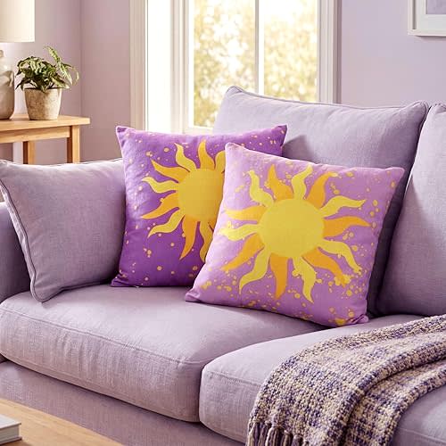 2 Pcs Princess Sun Decoration Purple Princess Square Throw Pillow Cover Purple Sun Dreamy Pillow Cover for Living Room Garden Fairy Tale Party Cushion Case
