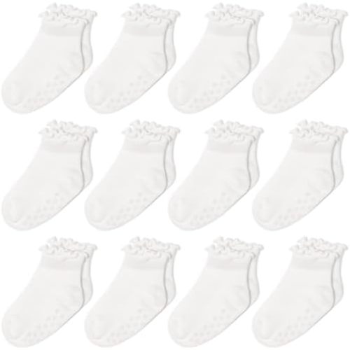 Jeyiour 12 Pairs Baby Ruffle Grip Socks for Girls, Cotton Non Slip Toddler Socks, Cute Frilly Walking Sock Newborn Gift 0-24M