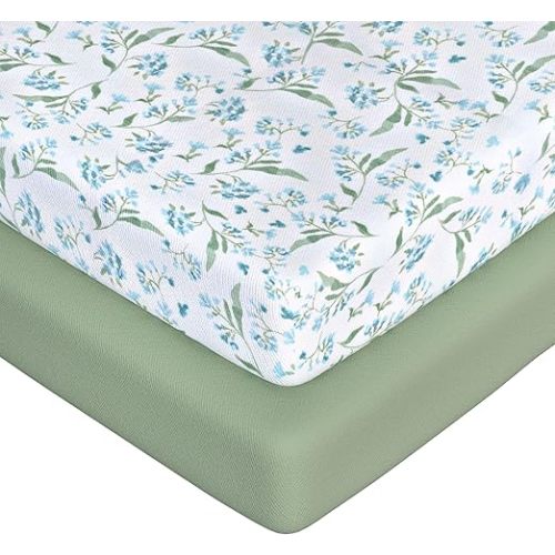 Fitted Crib Sheets for Boys and Girls, 2 Pieces 52"x28" Viscose and Spandex Crib Mattress Sheet, Baby and Toddler Bed Sheets, Mattress Cover Oeko-TEX Cribs Sheet Set, Green Botanical Neutral Gift Set