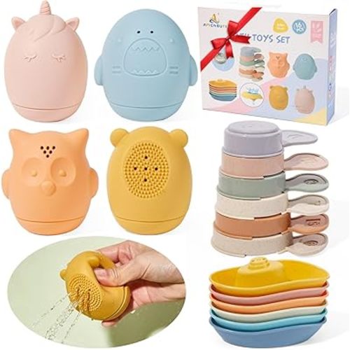 Baby Bath Toys for Kids Ages 1-3,16 Pack Toddlers Bath Toy for 2-4 Mold Free Stackable Boats & Spoons, Easy-Clean & Squeezable Silicone Bath Toys for Babies 6-12 Months Bathtub Water Pool Toys