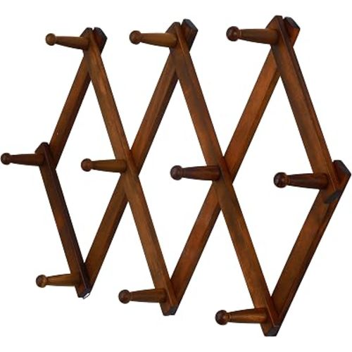 Accordian Wall Hanger: 16” High Wooden Wall Expandable Coat Rack, Hat Rack Holder, Accordion Hook for Baseball Caps, Coats, Mugs, 10 Peg Hooks, Brown