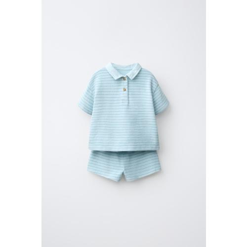 STRIPED POLO SHIRT AND BERMUDA SHORTS SET - Neon blue | ZARA United States