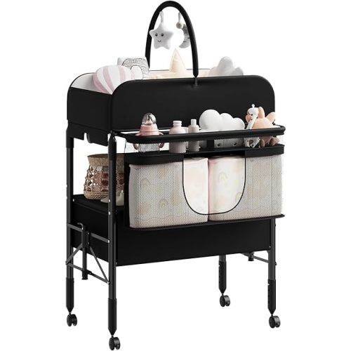 Portable Baby Changing Table with Drawers and Wheels - Collapsible Diaper Changing Station - Adjustable Height - Mobile Nursery Organizer for Newborn Infant Care - Sturdy Frame